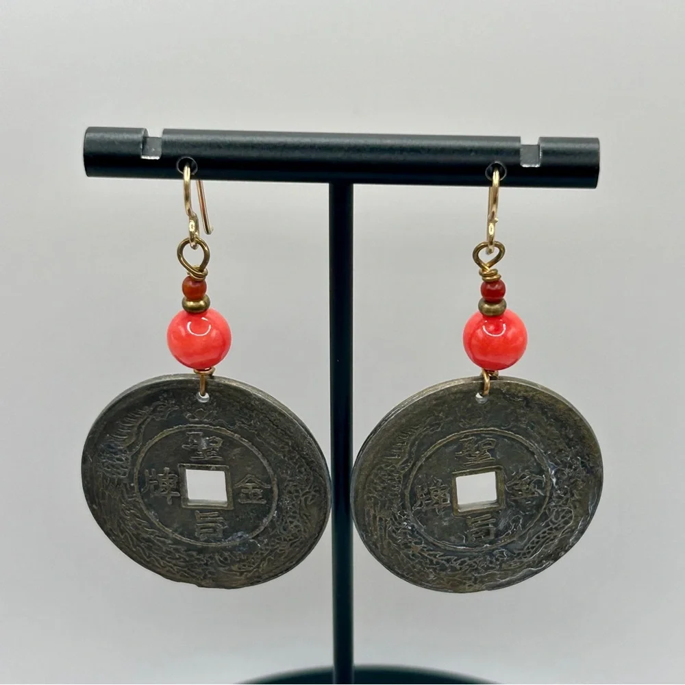 Vintage Asian Charm Coin Dangle Earrings
